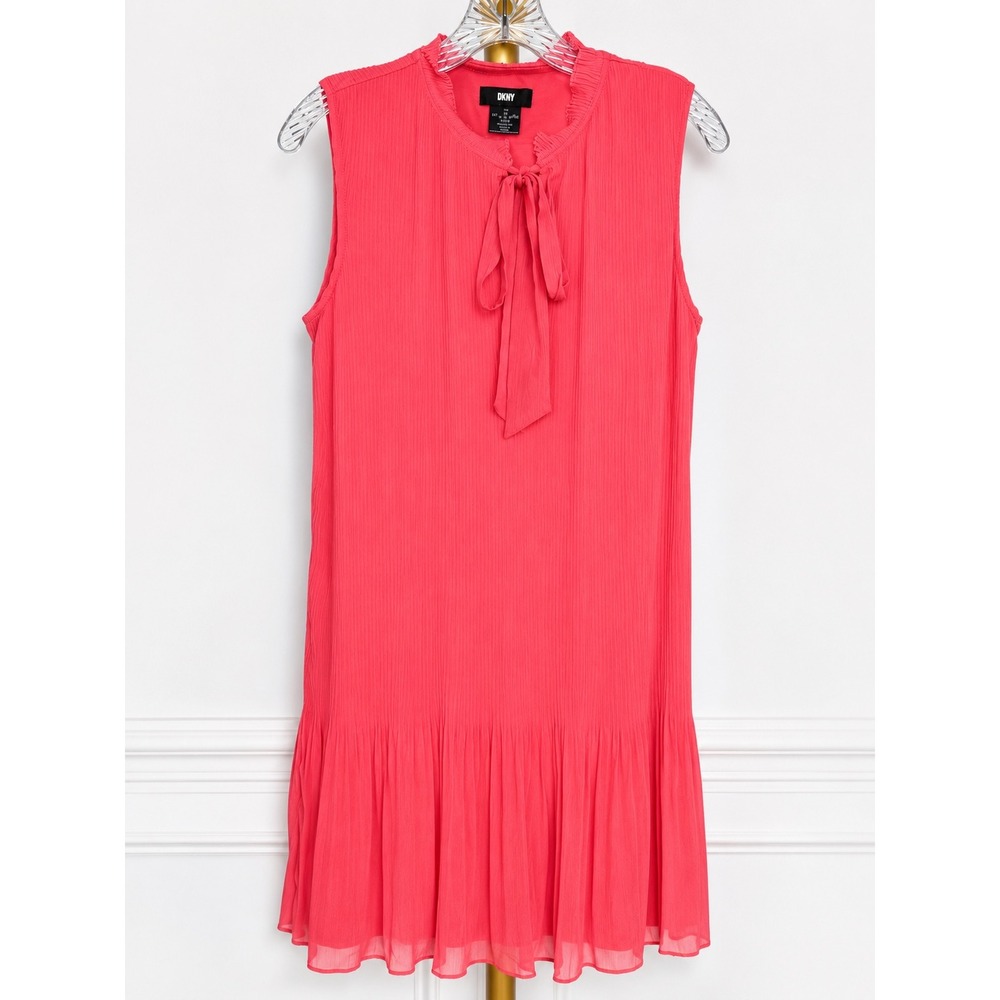 Pleated Sleeveless Tie Neck Dress Womens‎ 10 Salmon-Orange Polyester Ruffle Hem